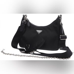 Prada re-edition 2005 black saffiano leather nylon shoulder bag with pouch